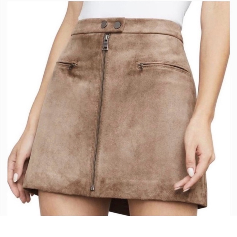 BCBGMaxAzria Taupe Suede-Look Zip Front Mini Skirt